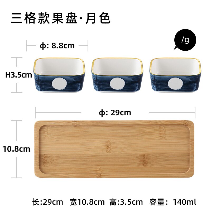 Plato divisor de cerámica para el hogar, bandeja de madera, plato de aperitivos de estilo japonés, con rejilla dividida, plato de fruta seca: F-3PCS