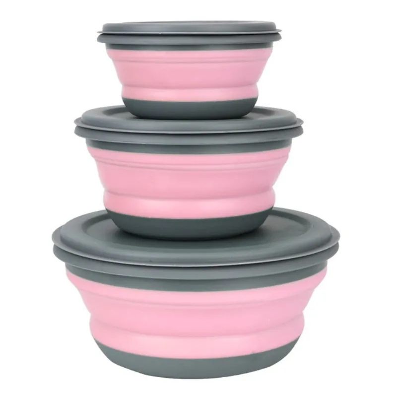3 unids/set cuenco de Camping plegable de silicona, fiambrera, ensaladera, tapa, contenedor de almacenamiento de alimentos expandible, caja Bento: Azul