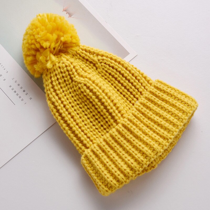 Baby Knitted Winter Hat Boys Girls Pompom Cap Crochet Knitted Candy Color Toddler Beanie Cap Infant Kids Children Hairball Hats: yellow