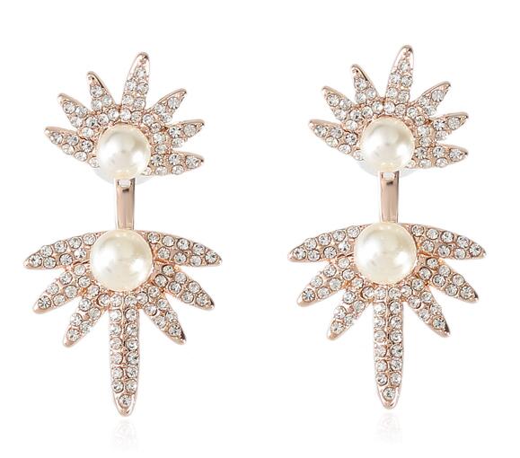 Hfarich Folha de Pérolas de Cristal Brinco Casacos Brincos Voltar Manguito Jóias Pregos Orelha Piercing Brincos Declaração Do Parafuso Prisioneiro para As Mulheres: COR DE OURO ROSA