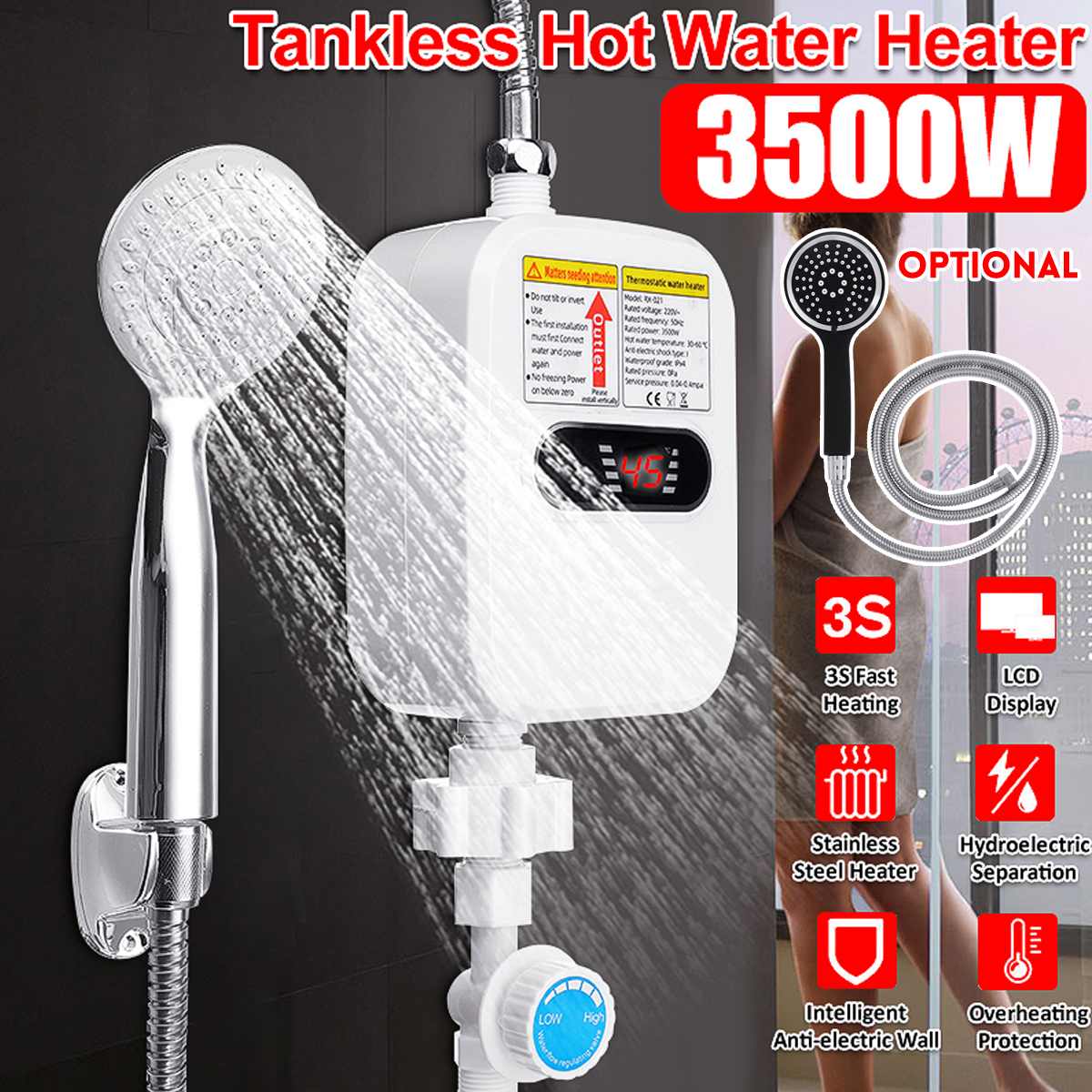 220V 3500W Mini Boiler Elektrische Tankless Huishoudelijke Badkamer Kraan Met Douchekop Lcd Temperatuur Display