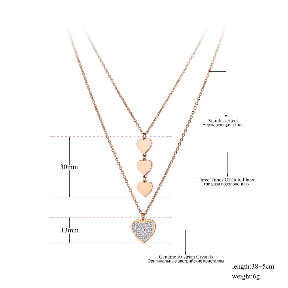 Lokaer originale dobbeltlags hjerte charme vedhæng halskæder til kvinder rustfrit stål cz krystal choker halskæde  n20153