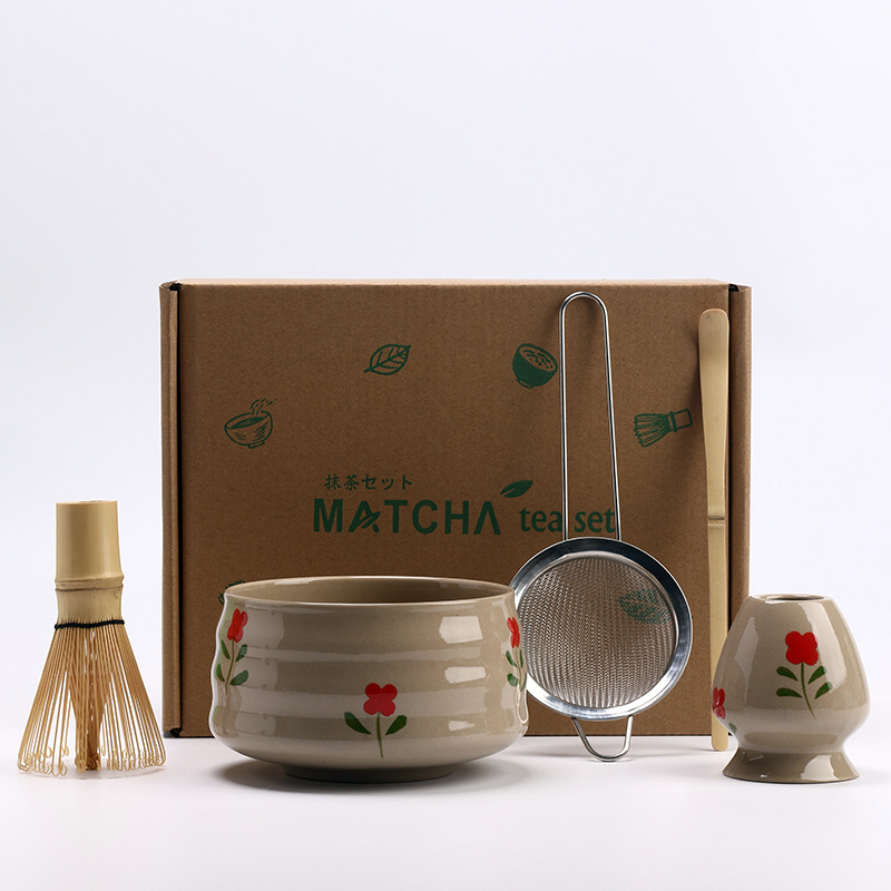 Vintage Matcha Ceramic Set Chawan Bamboo Matcha Whisk Scoop Holder Bamboo Brush Teaspoon and Sieve Matcha Teaset Giftbox: DARK GRAY