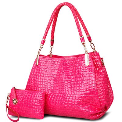Grote capaciteit zwarte tassen krokodillenleren damestassen dames handtas + portemonnee/portemonnee carteras mujer 2 tassen/set tote bag markttas: Rozenrood