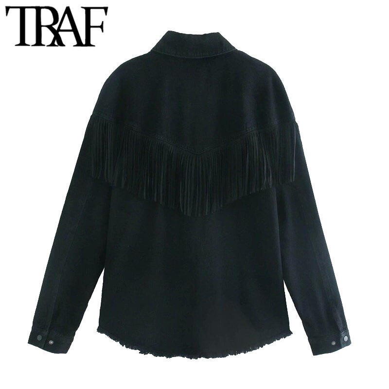 TRAF-chaqueta vaquera holgada con flecos para mujer, chaqueta con flecos deshilachados, de manga larga, Estilo Vintage