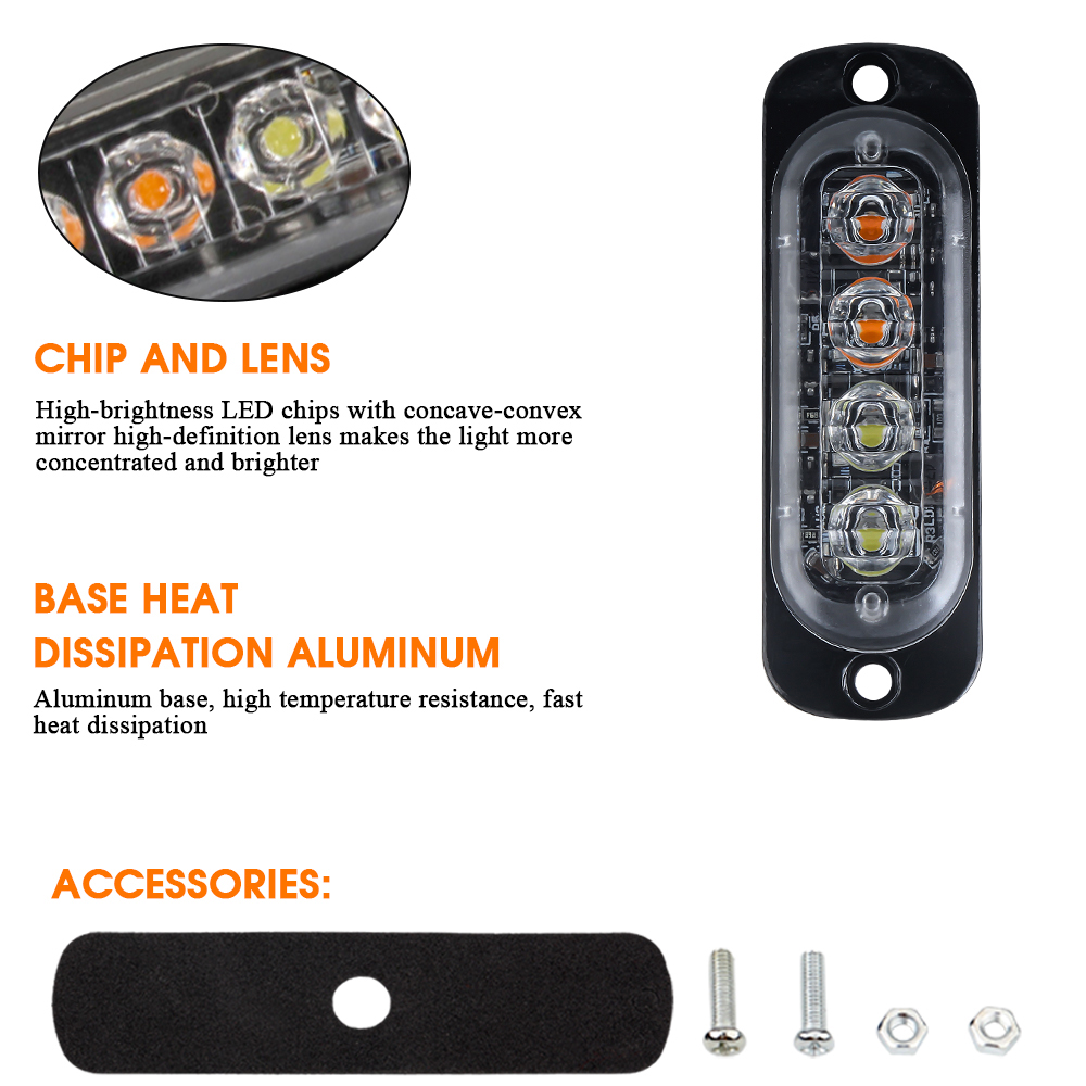 4 led-varsellys for bil, lang, lys grill, hvit, gul, for 12v 24v lastebil, tilhenger, sidelys, nødlys, politi, rotorlykt, signal