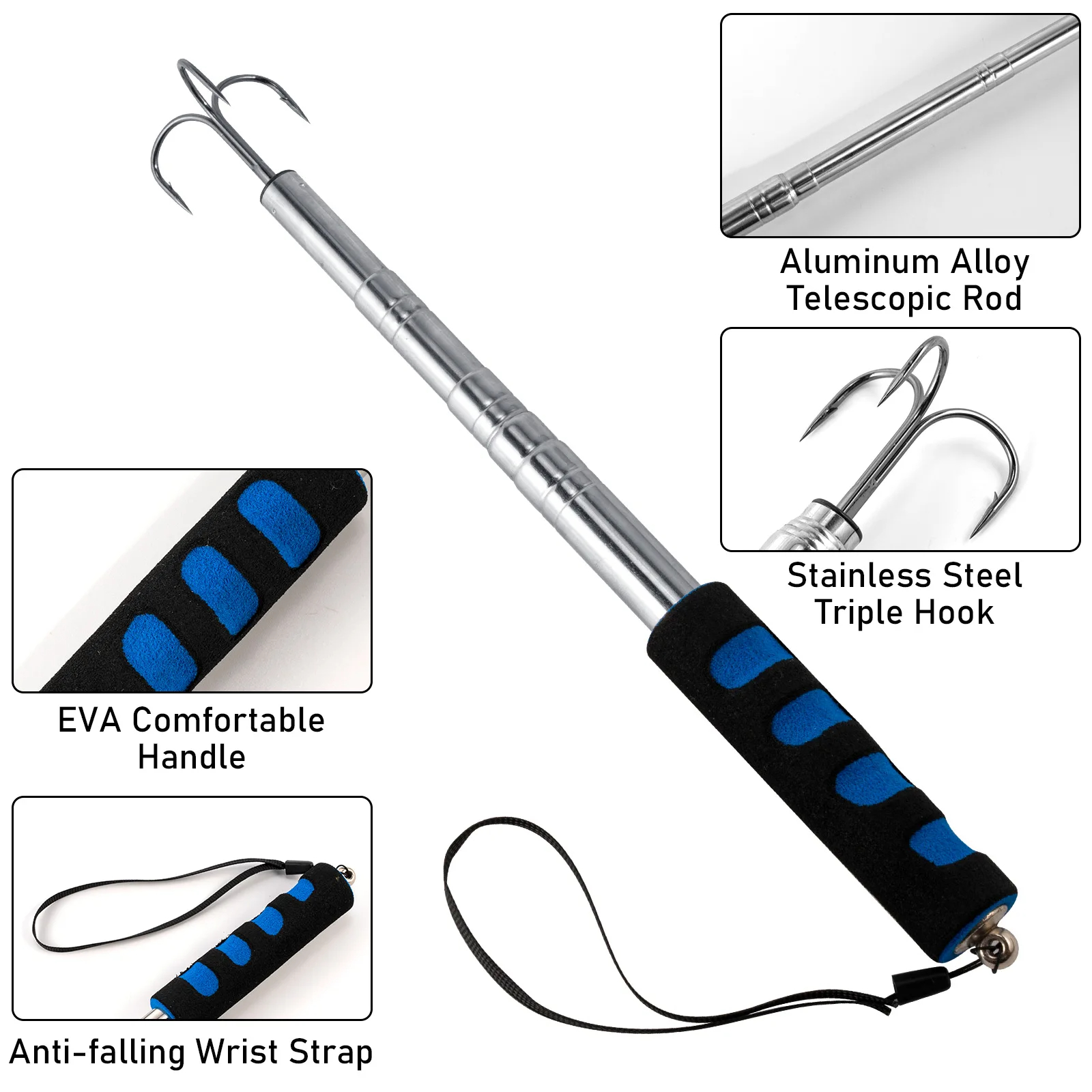 Telescopic Fishing Gaff Stainless Steel Triple Hook Sea Fishing Spear Telescoping Pole with Hook Boat Ice Fishing Squid Gaff