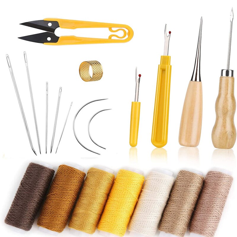 KAOBUY-Juego de Herramientas de costura para artesanía de cuero, con agujas de coser a mano, punzón, dedal, hilo encerado, remaches de costura para costura de cuero DIY