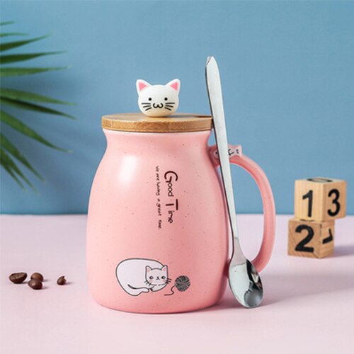 Color Cat Heat-Resistant Mug Cartoon with Lid Cup Kitten Coffee Milk Ceramic Mugs Children Cup Office Drinkware: Pink