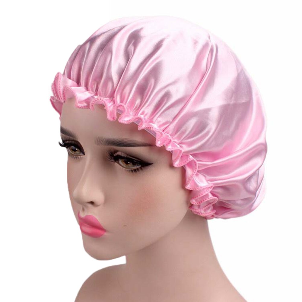 Lady night slaapmuts, lang haarverzorging, chemo muts, satijnen glanzende zijdezachte kanten kap, tulband, haarverzorgingsmuts, hoofddoek: Roze
