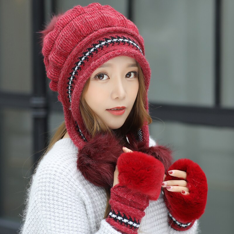 Kvinder vinter varm hue og handske sæt piger sød strikket uld pompon huer plys elastiske fingerløse handsker