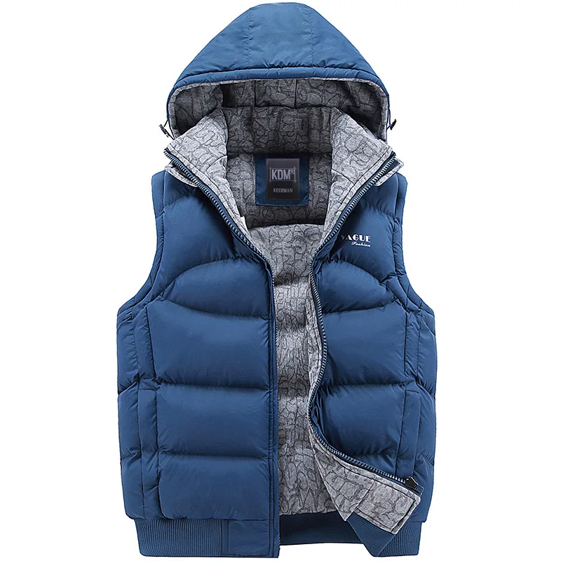 Mode Mouwloze Jas Mannen Verdikking 100% Katoenen Vest Hoed Hooded Warm Vest Winter Vest Mannen Casual Windjack: XXXL / HEUBLAUW