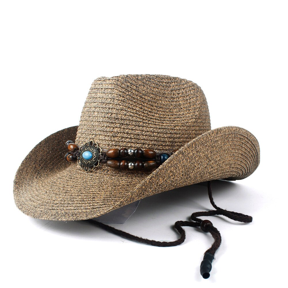Dames heren holle strand sombrero man western cowboyhoed dame vader stro panama cowgirl jazz zonnepet maat 56-58cm: Koffie 7