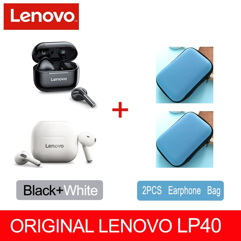 Original Lenovo LP40 TWS auricular Bluetooth inalámbrico verdadero 5,0 estéreo bajo con micrófono de manos libres auriculares AI Control IPX5 impermeable: LP40 1 Wh 1 Bla 2 Ca