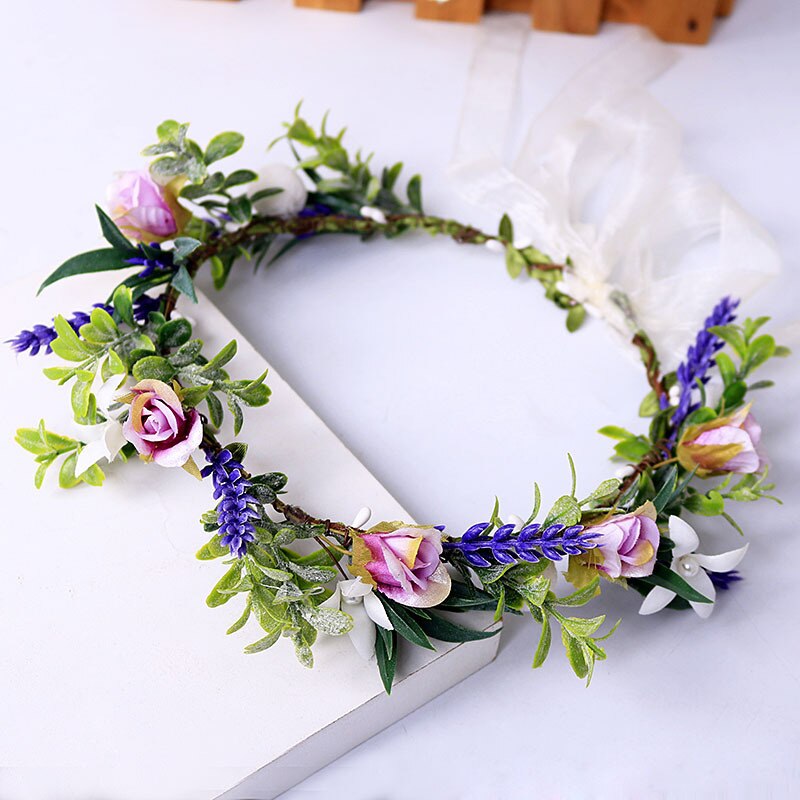 Flower Headband Spring Bohemian Flower Crowns Floral Garland Faux Rose Wedding Wreaths Braided Hair Vine Headpiece Hair Ornament