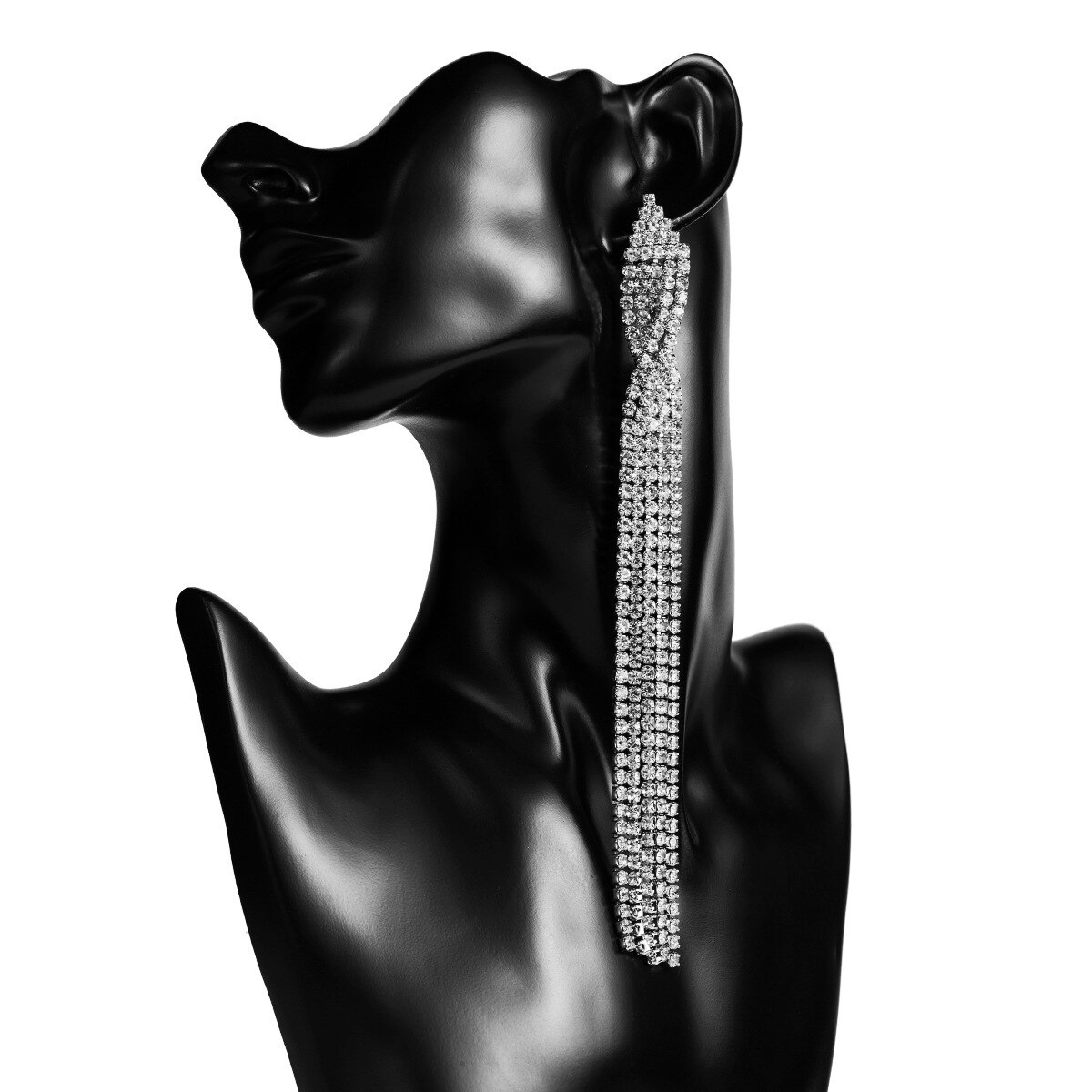 Europe and America Super Long Earrings Golden Black Woman Hyperbole Geometry Rhinestone Shining Jewellery: Silver Plated