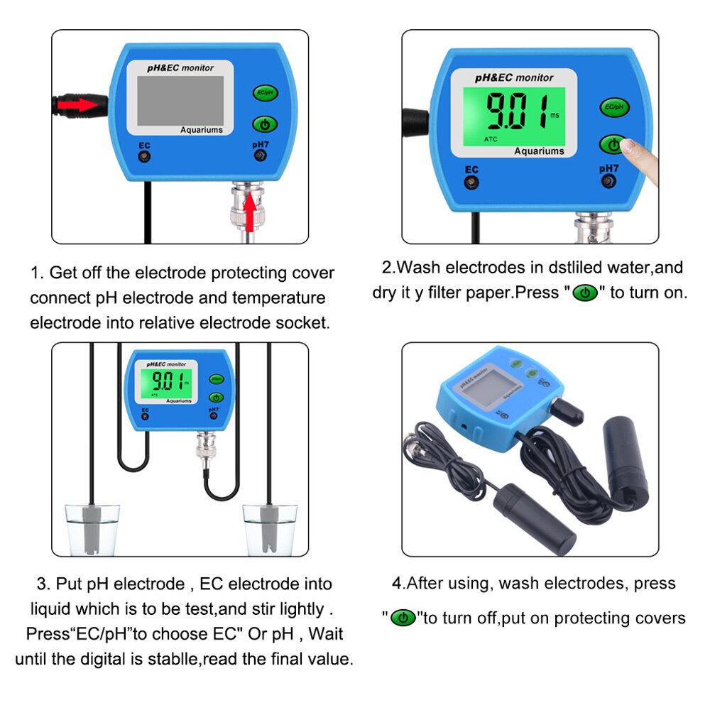 2 in 1 PH/EC Meter PH Tester Multi-Parameter Water Analyser Online Acidometer Conductivity Monitor For Aquarium PH-9853