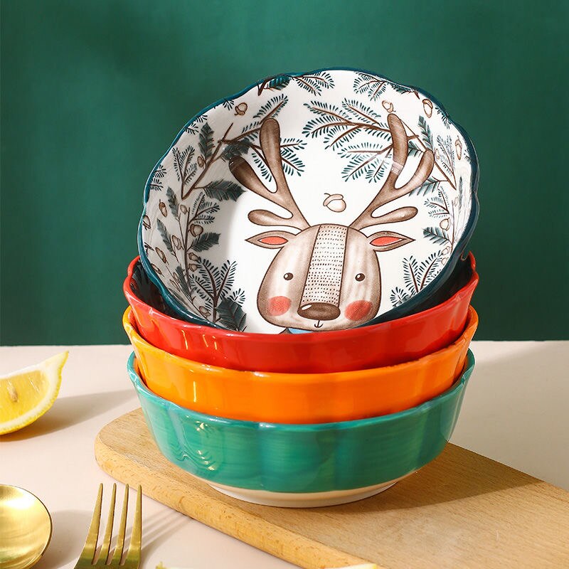 Ceramic Salad Bowl Forest Animal Porcelain Soup Bowls Children Kitcehn Rice Dessert Snack Mixing Bowl Kitchen Supplies