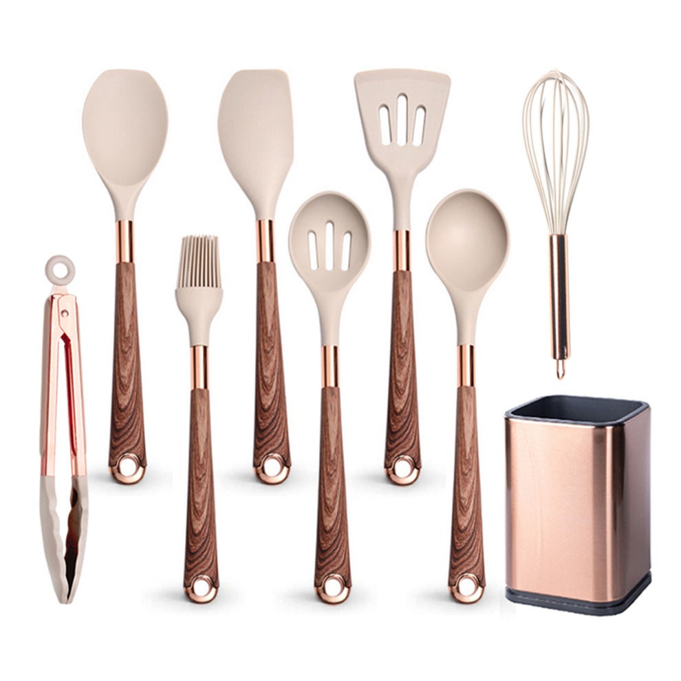 Silicone Cooking Utensils Set Heat Resistant Kitchen Spatula Spoon Non-Stick Tools With Rose Gold-Plated Handle And Holder: MULTI