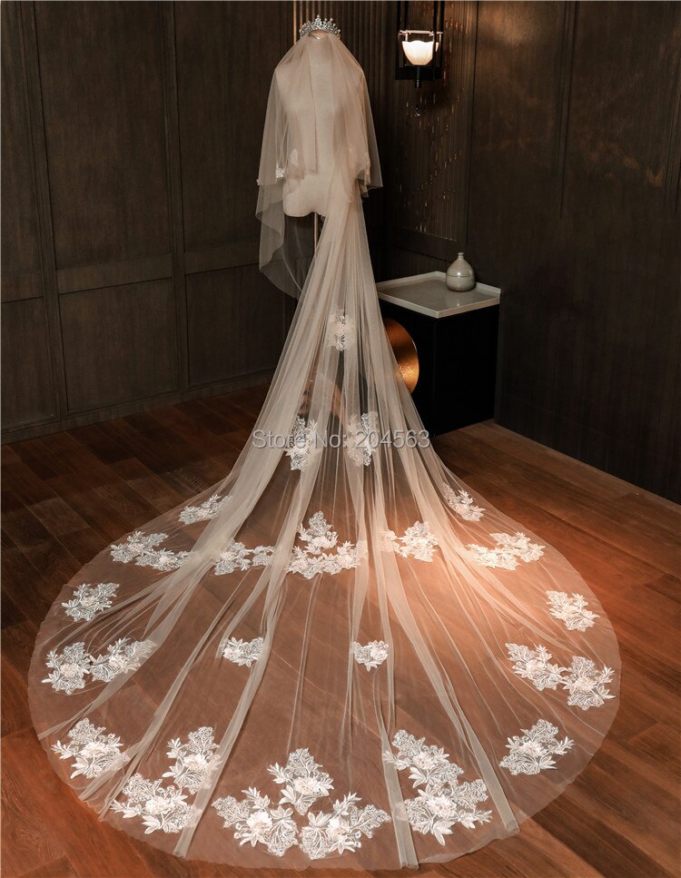 Elegante velo da sposa in pizzo di lusso a due strati con fiori veli da sposa lunghi con pettine accessori da sposajd2020