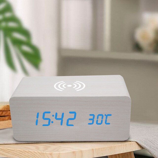 Wireless charging table clock digital alarm clock led decorative clock alarm clock table clock electronic clock with thermometer: White  blue