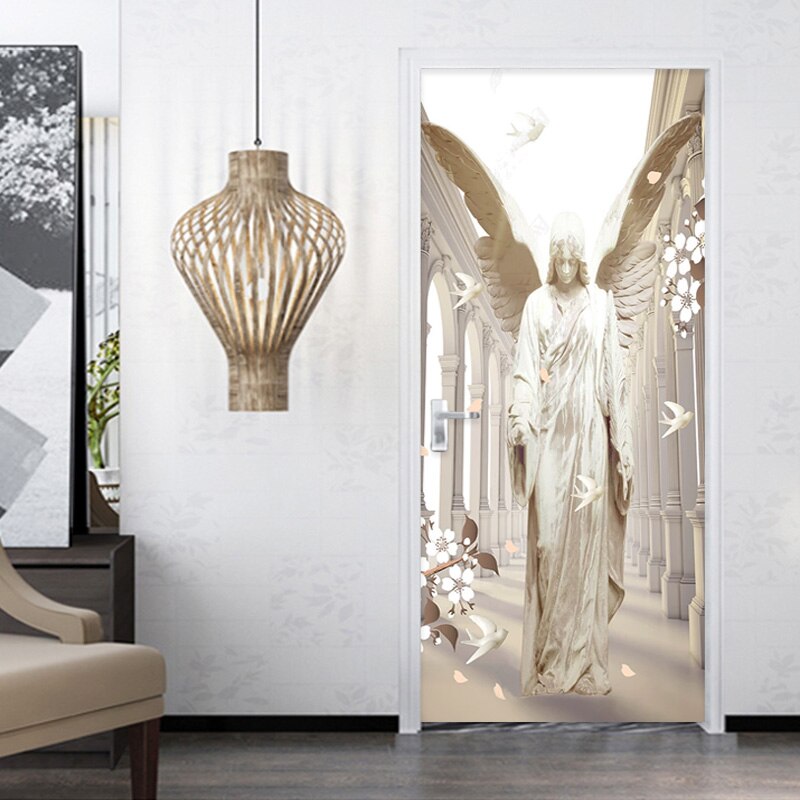 Zelfklevende Deur Sticker 3D Stereo Steen Carving Angel Vleugels Duif Behang Woonkamer Studie Creatieve DIY Deur Muur stickers