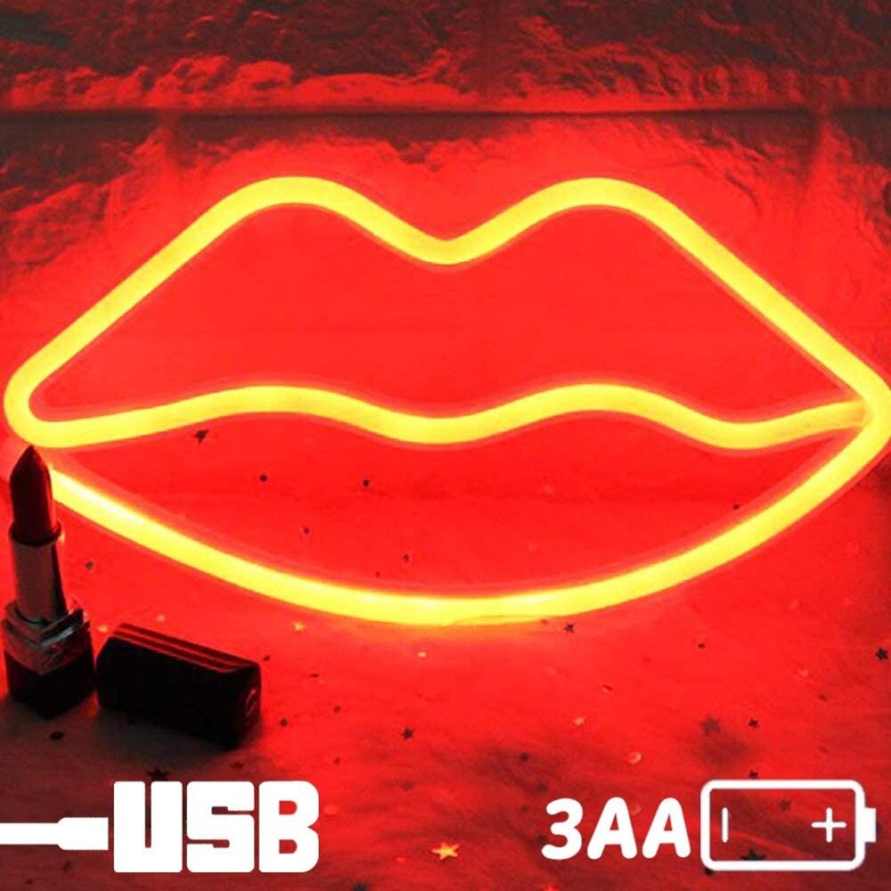 Rød leppe neonlys ledet lepper lys neon vegglampe batteri eller usb operert rosa leppe neon lys opp til festbordbord låve: Rød