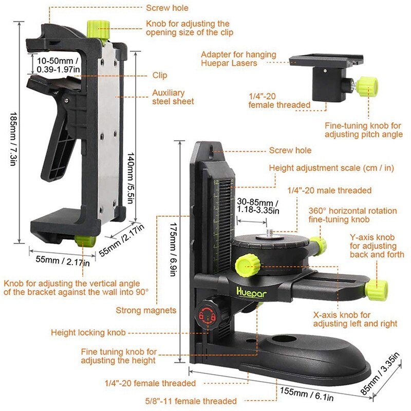 Huepar Fine-Tuning Bracket Level Adapter Multifunctional Magnetic Pivoting Base with Adjustable Clip 360° Adjustable Tool