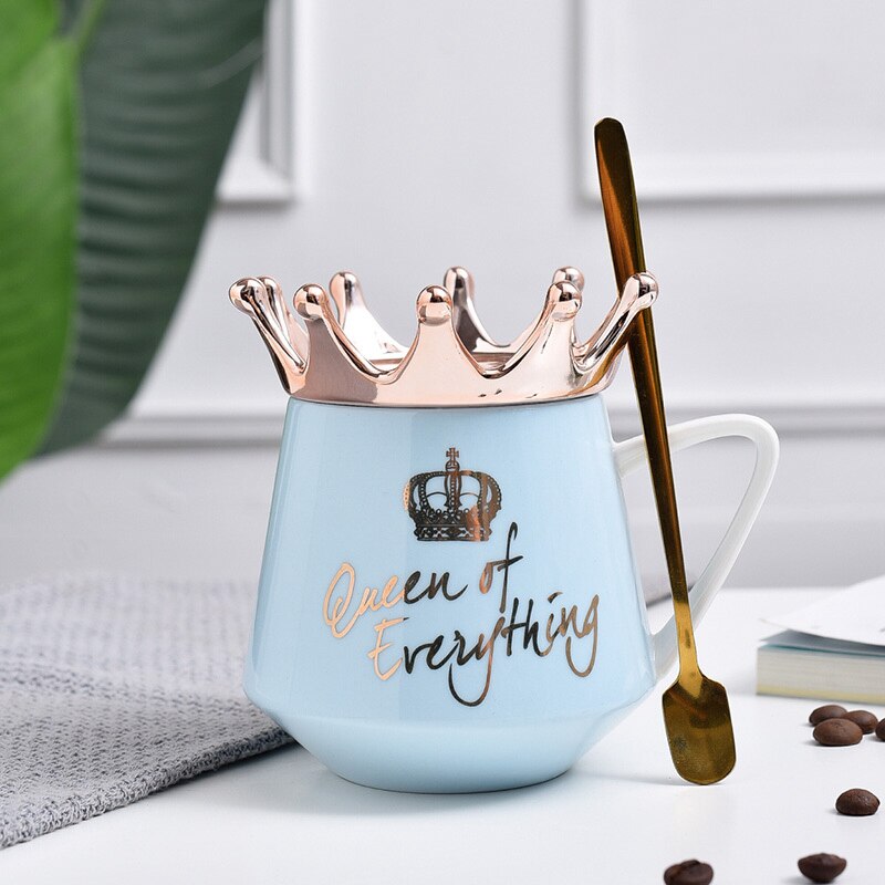 Criativo coroa cerâmica caneca rosa bonito caneca de café nórdico copo de leite com colher tampas café xícara de chá canecas de água lembranças do feriado presente: Blau