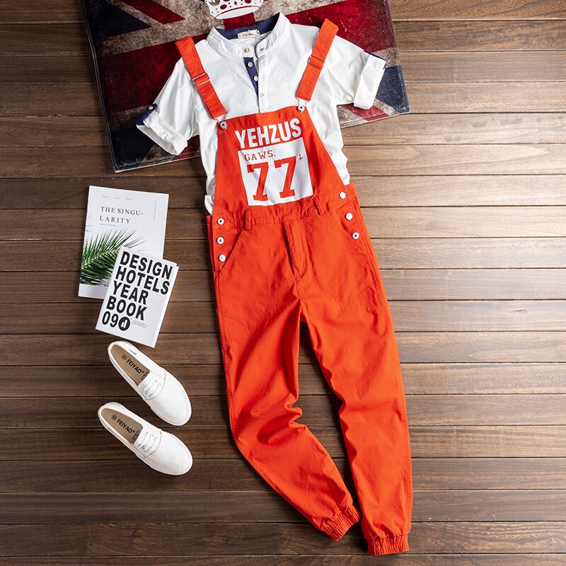 Mono holgado japonés naranja para hombre, peto con cordón, ropa de calle de hip-hop, pantalones informales juveniles