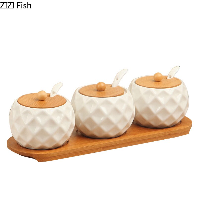 Korean Style Ceramic Condiment Jars Set with Bamboo Lids Tray Porcelain Spice Containers Salt Pepper Sugar Organizer