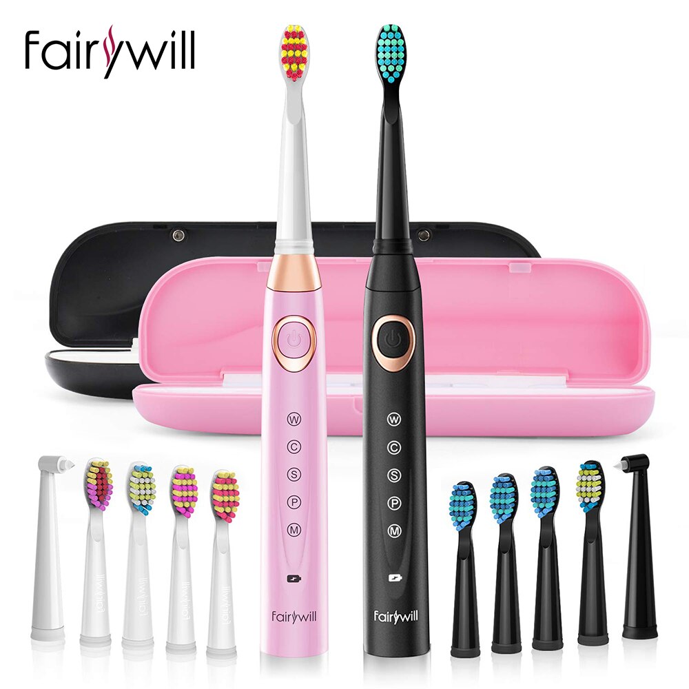 Fairywill Sonic Electric Toothbrush Rechargeable Smart Timer 5 Modes USB Charger Cleaning Brush Replacement 3 Brush Heads Adult: FW-507-420-BP-Set