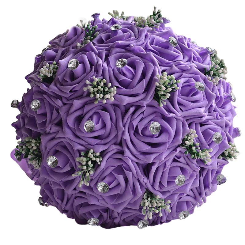 Handgemaakte Kunstmatige Foam Bloemen Boeket Simulatie Rozen Strass Bruids Toss Boeket Bruidsmeisje Boeket Voor Bruiloft: Purple