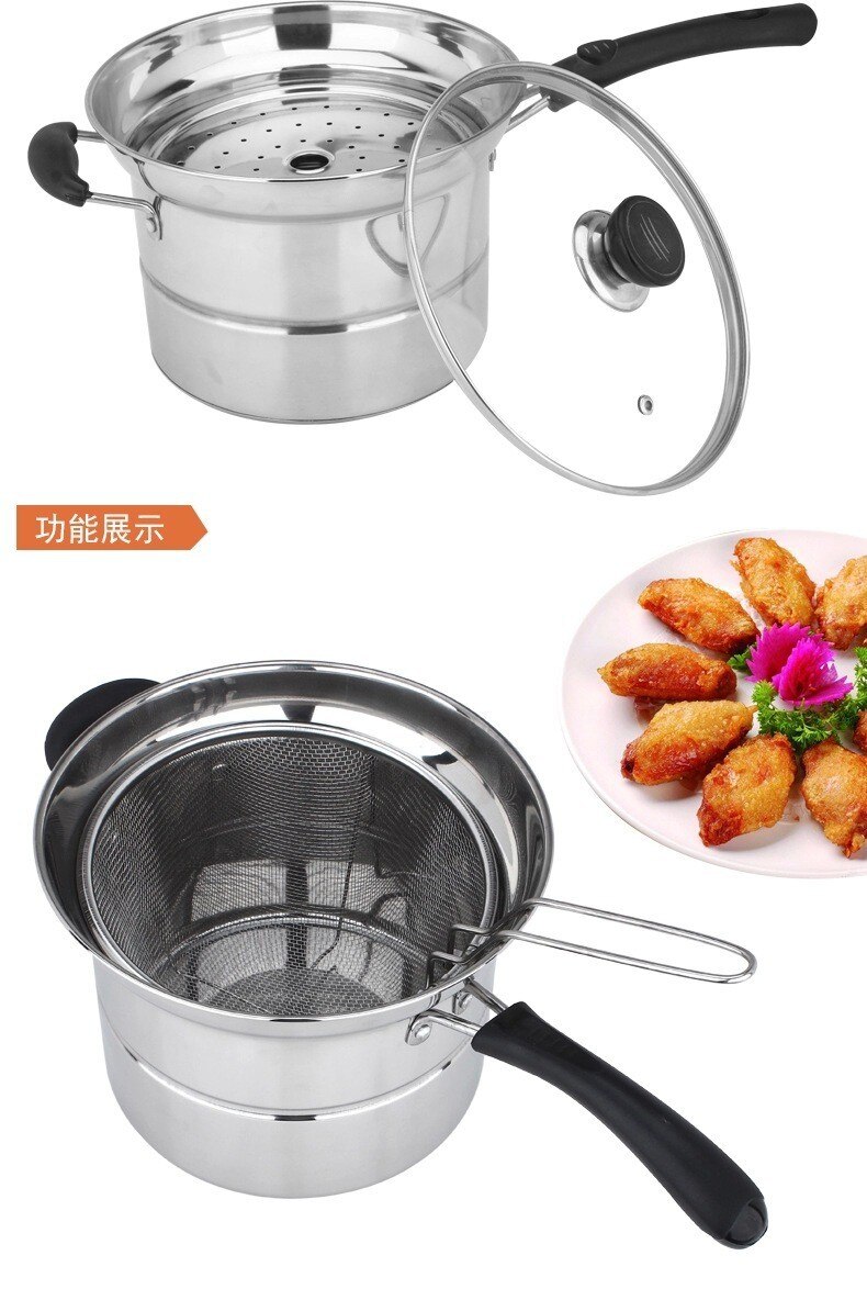 Fryer Pan with steamer, Flat Bottom Pot, Mini Frying wok, Fire Gas electric Cooker, Stainless steel, Glass cover