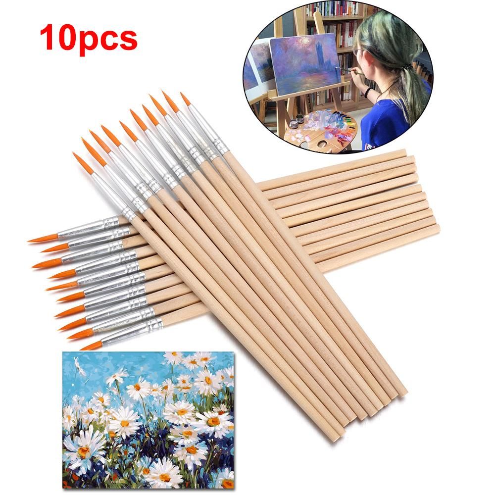 Set de 10 Pinceles de Pintura - Pelo de Nylon + Mango de Madera - Acuarela, Óleo, Caligrafía - Materiales de Arte