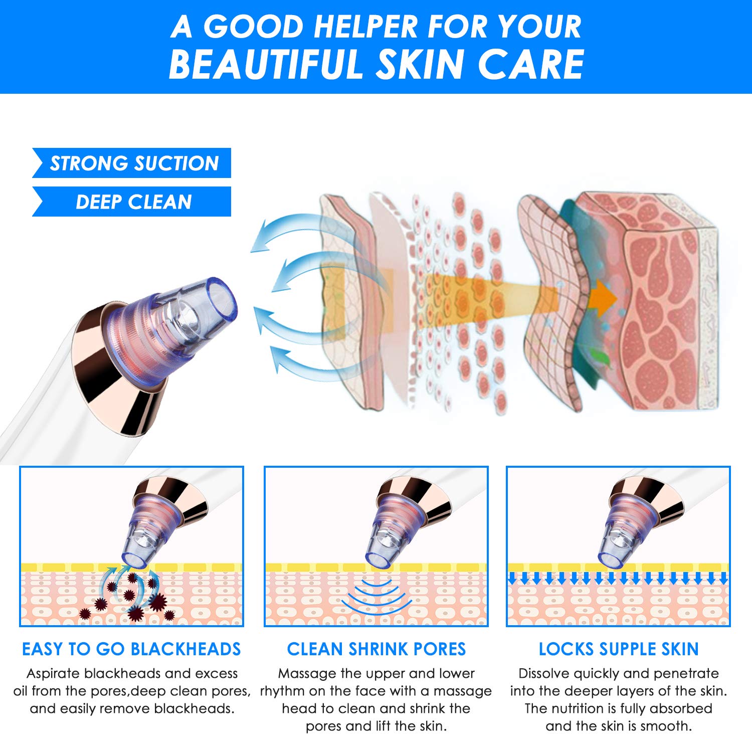 Blackhead remover Pore Vacuum 5 in 1 Blackhead Vacuum Tools Kit Electric Comedo Suction Device with 3 Adjustable Strength