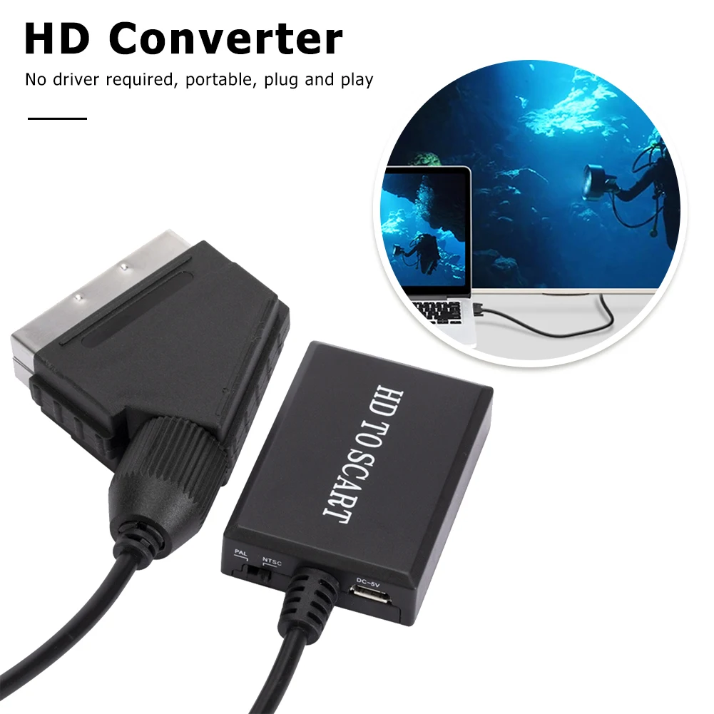 Hdmi-kompatibel til scart video-lydkonverteradapter til hd-tv, dvd til skybox, stb, plug and play-strømkabel