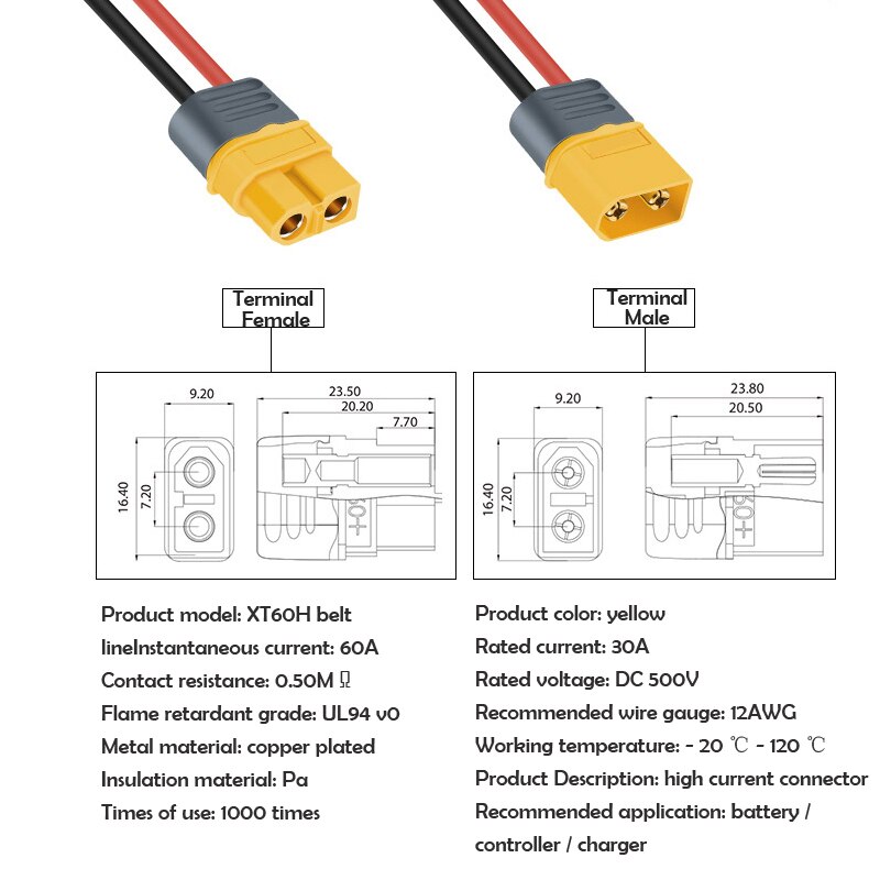 XT60PW 30U 90 Battery Male and Female Connector Plug with 150mm Wire High Current Connector for Battery Pack Aircraft Model