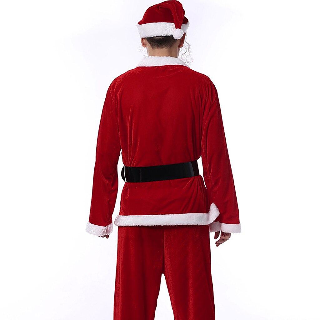 Moda masculina natal papai noel traje vermelho longo mangas compridas com decote em v natal tops + calças + cinto + chapéu bigode cosplay roupas conjunto # g3