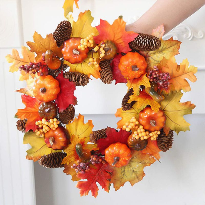 Halloween Thanksgiving Voordeur Krans Herfst Krans Oogst Met Kunstmatige Pompoenen Esdoornblad Berry Opknoping Decoratie