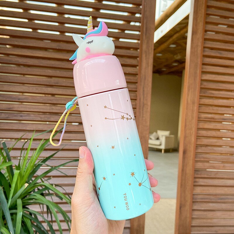 1pc dessin animé licorne tasse changement progressif petit frais littérature et Art Botton Portable acier inoxydable verre scellé extérieur: C