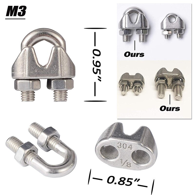 ! 304 Stainless Steel Turnbuckle M6 Wire Rope Tension Tensioner Strainer and M3 Wire Rope Clips, 1/8 Inch Cable Railing
