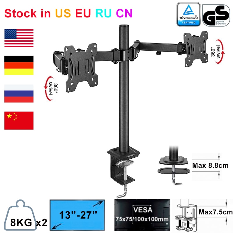 Desktop Full Motion Dual Swivel Monitor Mount Holder Screen Stand Arms for Two 13&quot;-27&quot; Screens 2 Mounting Options Max Load 8KG