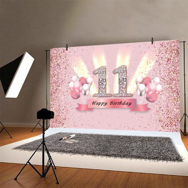 Sweet Pink 11 Years Old Photo Backdrop Girls Happy Birthday Party Balloon Eleven Photography Background Decoration Banner