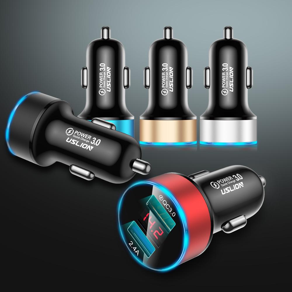Uslion duplo usb carregador de carro qc 3.0 carregamento rápido adaptador led para telefone celular