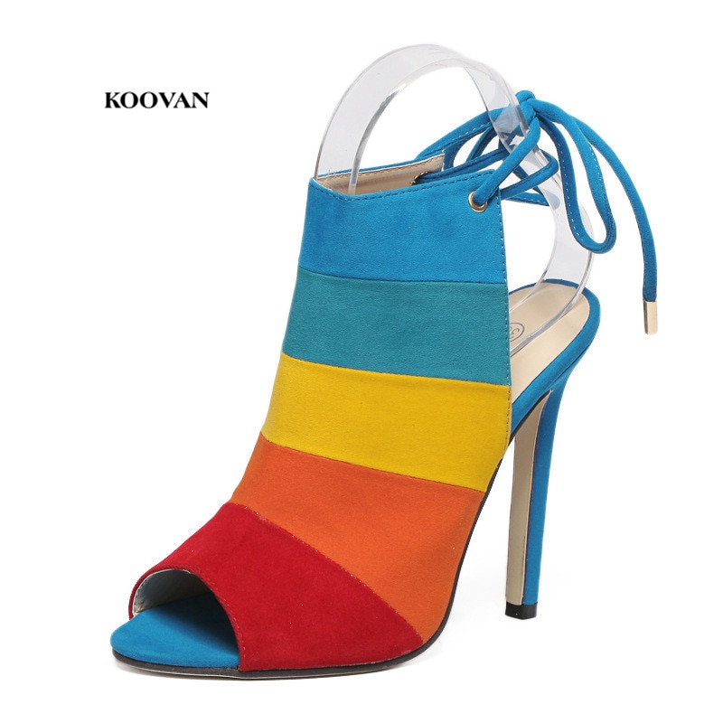 Koovan Vrouwen Schoenen Pompen Hakken Schoenen Hoge Hakken Regenboog Kleur Gemengd Met Vis Mond Sandalen Kleuren Pumps Maat 40