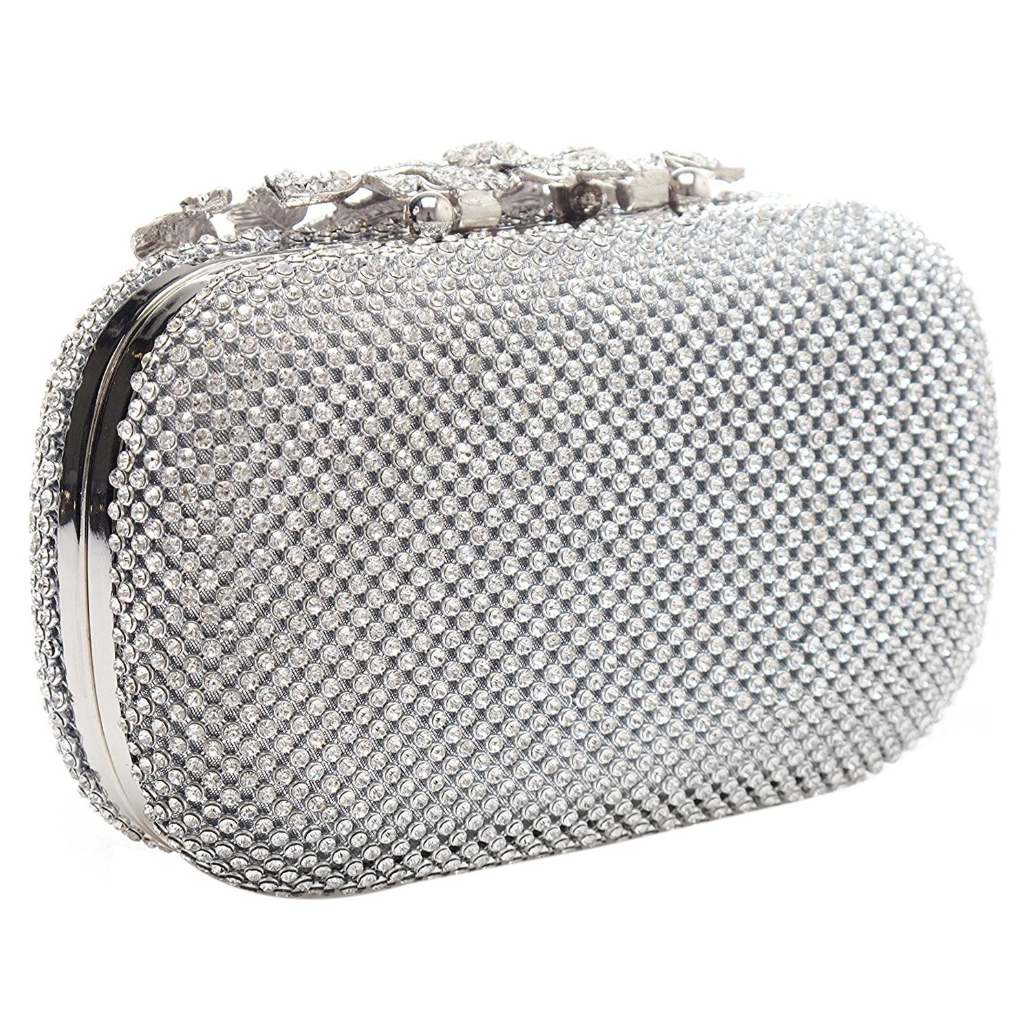 Unique Clasp Silver Diamante Crystal Diamond Evening bag Clutch Purse Party Bridal Prom