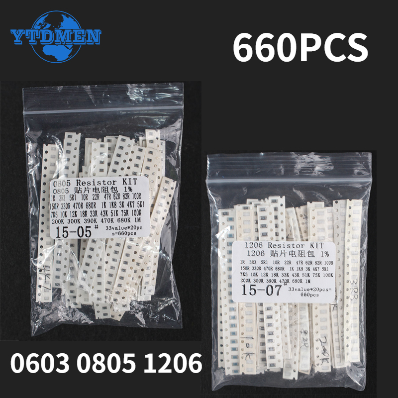 660PCS Resistencia SMD 0603 0805 1206 1% Resistencia Kit surtido 1 Ohm - 1M Ohm Resistencias en chip