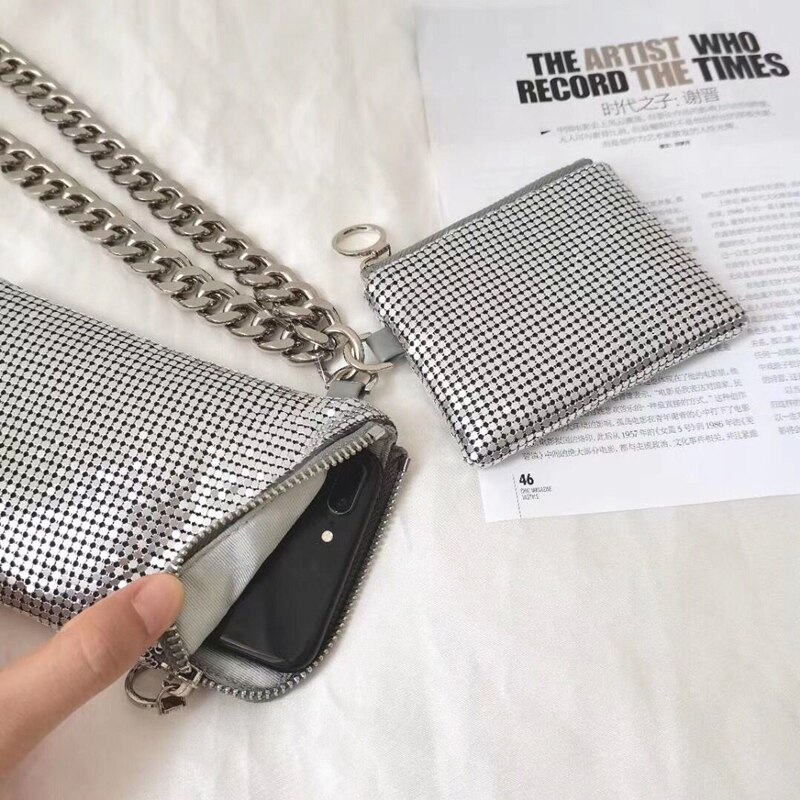 Tung industri metal tre-i-en dame sølv tyk kæde pailletter mobiltelefon taske hængende hals taske messenger bag kanal