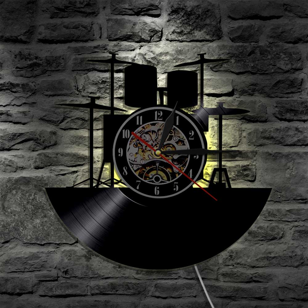1 stück Trommel Bausatz Vinyl Uhr Wanduhr Drumkit LED Licht Felsen N rollen Jahrgang Moderne Wohnkultur Handgemachtes für Musik Liebhaber